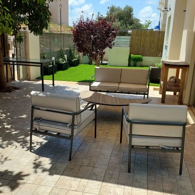 עציצים עם צמחים ירוקים על דשא סינתטי