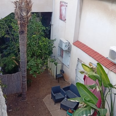 פינת ישיבה בגינה עם צמחייה ועצים