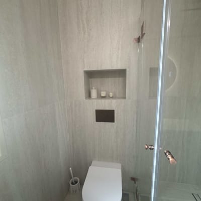 חדר אמבטיה עם שירותים ומקלחון זכוכית