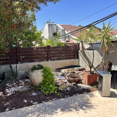 גינה עם עציצים, צמחים וכלי גינון