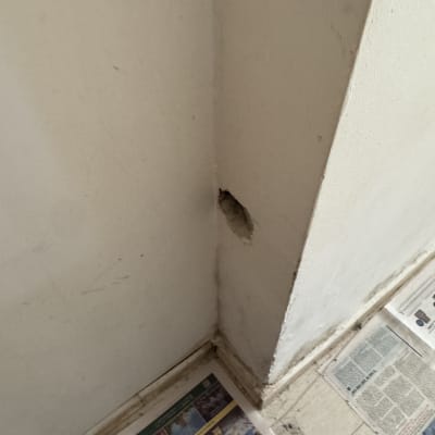 קיר עם חור ועיתונים על הרצפה