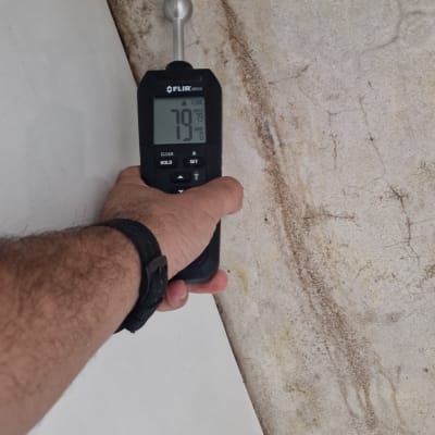 מד לחות נמדד על קיר עם סימני רטיבות