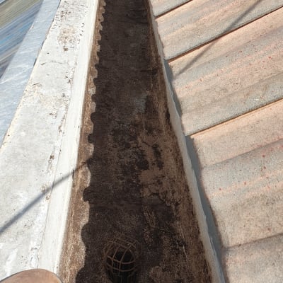 מרזב גג עם לכלוך ורשת מתכת