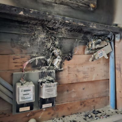 לוח חשמל שרוף עם חוטים חשמליים פגומים