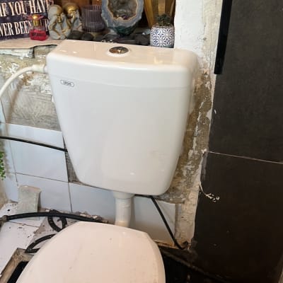 אסלה ומיכל הדחה בחדר אמבטיה עם כלים לניקוי