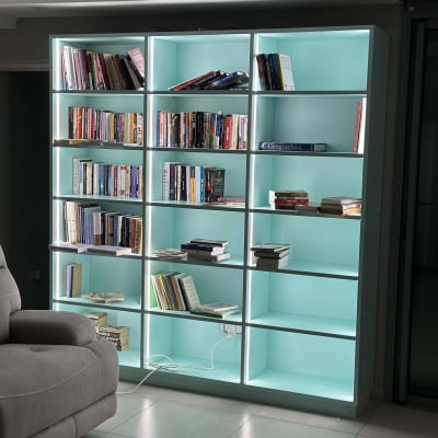 מדף ספרים מעץ עם תאורה פנימית