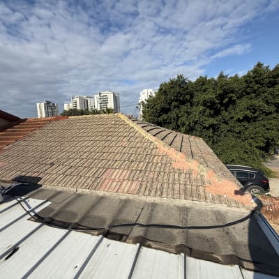 גג רעפים עם מזגן על רקע שמיים ועצים