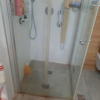 מקלחת עם דלת זכוכית, ראש מקלחת ומדף עם מוצרים