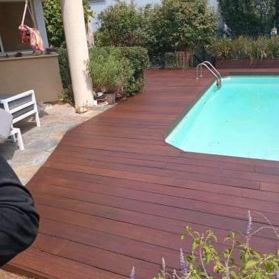 דק עץ ליד בריכה עם צמחייה מסביב