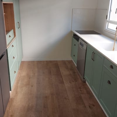 מטבח נקי עם ארונות ירוקים ורצפת עץ