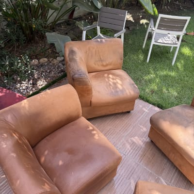 כורסאות בגינה עם כתמי לכלוך לפני ניקוי