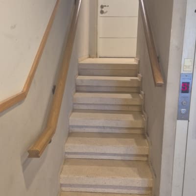 מדרגות עם מעקה עץ ודלת לבנה