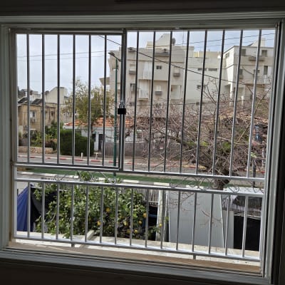 סורגי חלון עם נוף חיצוני של בניינים ועצים