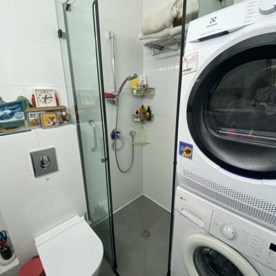 מקלחון זכוכית עם מכונת כביסה ומייבש