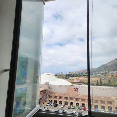 חלון עם רשת נגד יונים ונוף עירוני