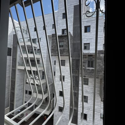 סורגים על חלון עם מבנה ברקע