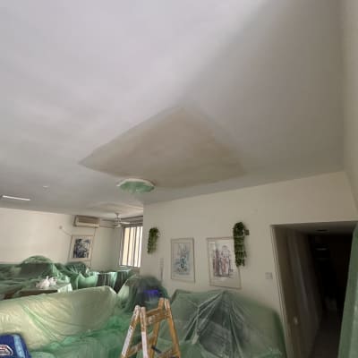 סולם עץ בחדר עם רהיטים מכוסים בניילון לצביעת תקרה