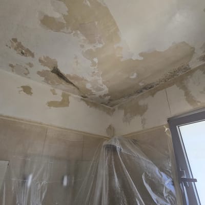 תקרה עם קילופי צבע ותיקונים, כיסוי פלסטיק על רהיטים