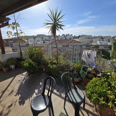 מרפסת עם עציצים וכיסאות פלסטיק שחורים