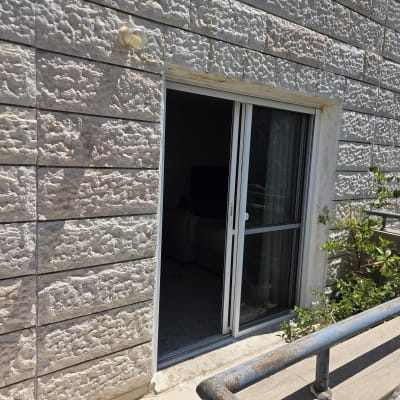 דלת הזזה מאלומיניום על קיר חיצוני עם צמחייה