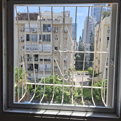 חלון עם סורגי מתכת ונוף עירוני ברקע