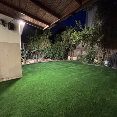 גינה עם דשא סינטטי ותאורה בלילה