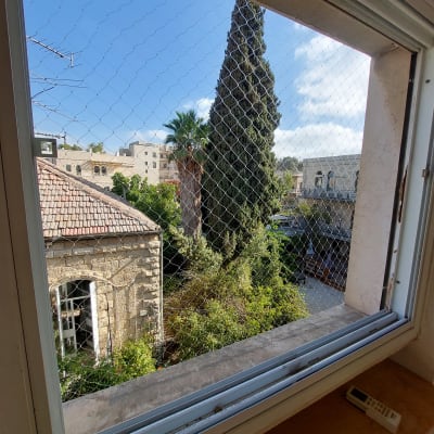 רשת יונים מותקנת על חלון למניעת כניסת יונים