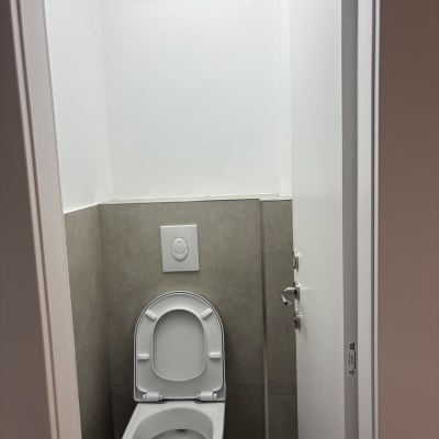 שירותים נקיים עם אסלה ולחצן הדחה