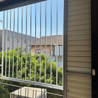 סורגים על חלון עם נוף חיצוני של בניינים
