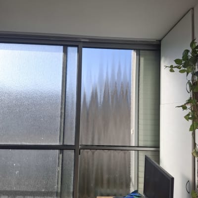 חלון זכוכית עם שולחן קטן וצמח מטפס