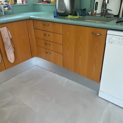 מטבח עם ארונות עץ, כיור ומדיח כלים