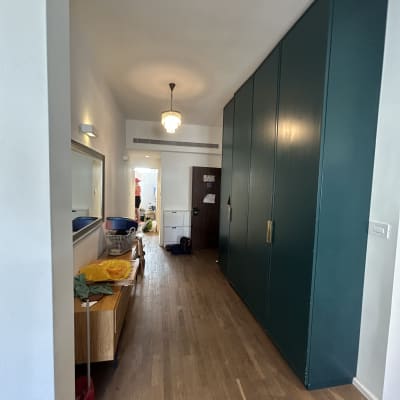 מסדרון עם ארון ירוק כהה ומנורה תלויה