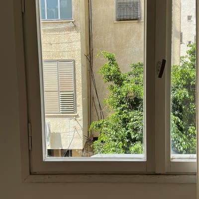 חלון עם נוף של בניין ועצים בחוץ