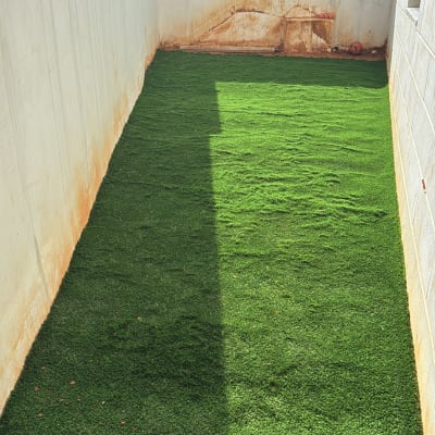 דשא סינתטי בחצר מוקפת קירות לבנים