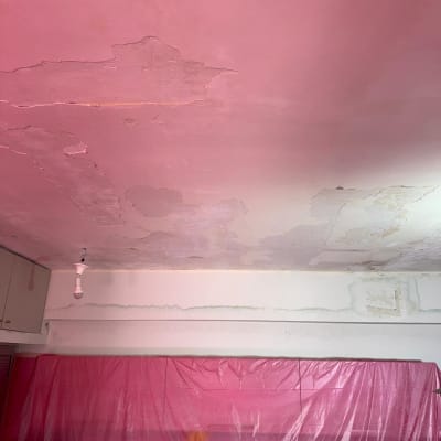 תקרה עם קילופי צבע ויריעת פלסטיק ורודה
