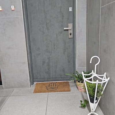 דלת עם שטיחון ועמוד לעציצים