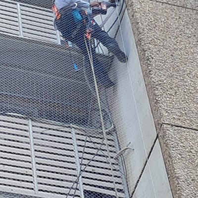 התקנת רשת נגד יונים במסתור כביסה באמצעות סנפלינג