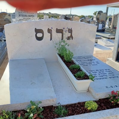 מצבה עם כיתוב בעברית וצמחים מסביב