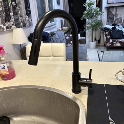 ברז שחור מותקן בכיור מטבח עם ידית הפעלה