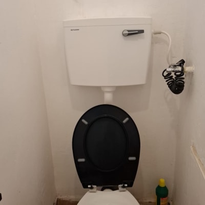 אסלה עם מיכל הדחה, צינור ניקוז וחומר ניקוי