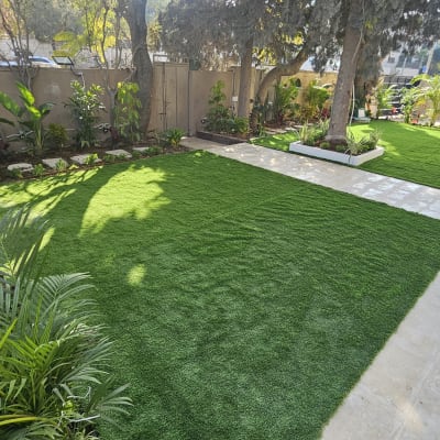 גינה מטופחת עם דשא ועצים מסביב