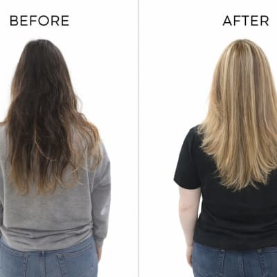 לפני ואחרי טיפול שיער, שיער חלק ובלונדיני