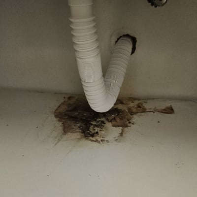 צינור מתחת לכיור עם סימני רטיבות ועובש