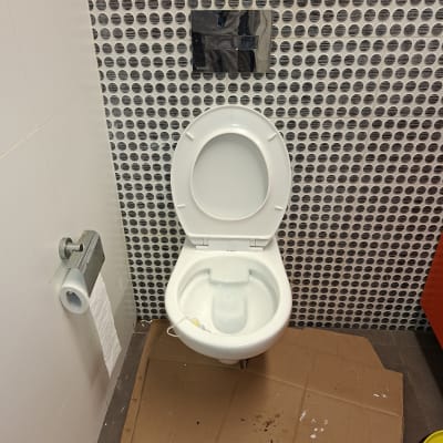 אסלה בחדר שירותים עם קיר מרוצף