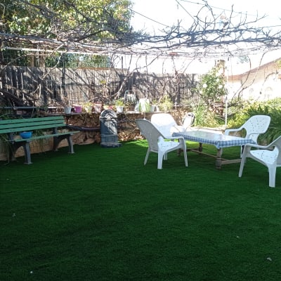 עציצים על קיר אבן, גפנים על פרגולה, דשא סינתטי