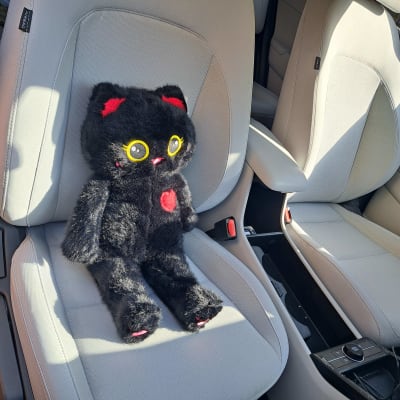 בובה שחורה על מושב רכב בהיר