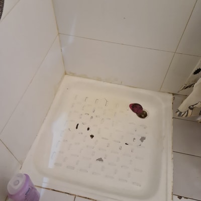 מגש מקלחת עם כתמים, אריחים לבנים, ניקוז