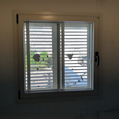 חלון עם תריסים פנימיים וצלליות על הזכוכית