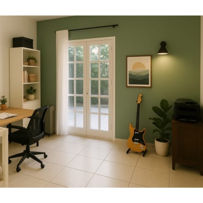 חדר עם קיר צבוע ירוק, שולחן עבודה וגיטרה