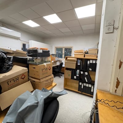 חדר מלא קופסאות וקלסרים, ללא אנשים נראים